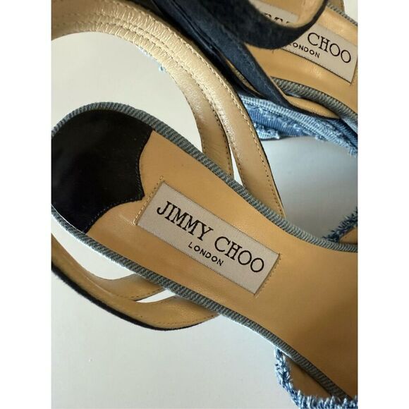 Jimmy Choo Stripe Raw Edge Denim Peep Toe Wedge Sandals Women's Size 37.5 - Picture 6 of 11